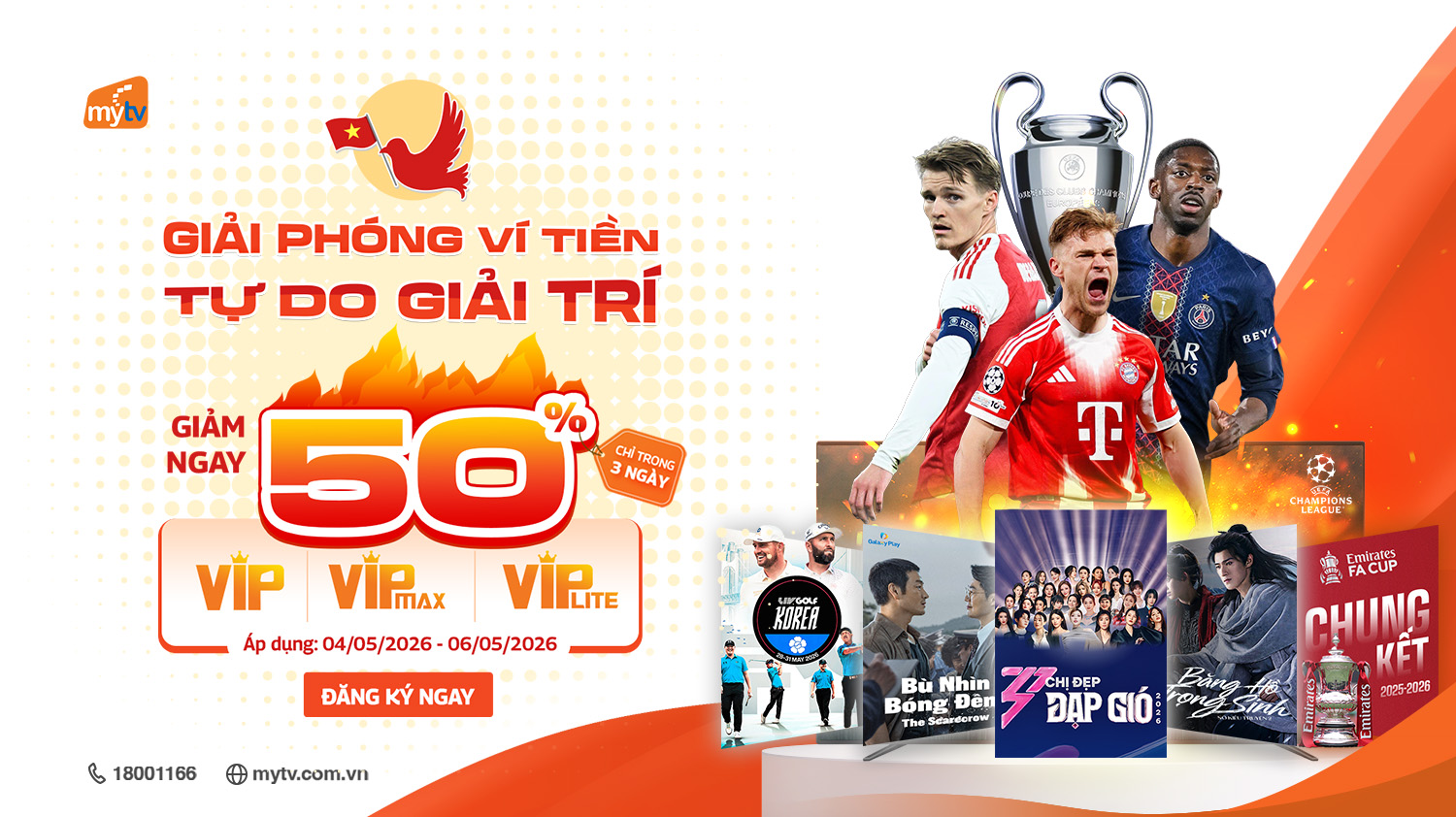 Mừng Đại lễ 30/4: MyTV ưu đãi 50% gói cước, xem chung kết FA Cup & El Clásico tháng 5